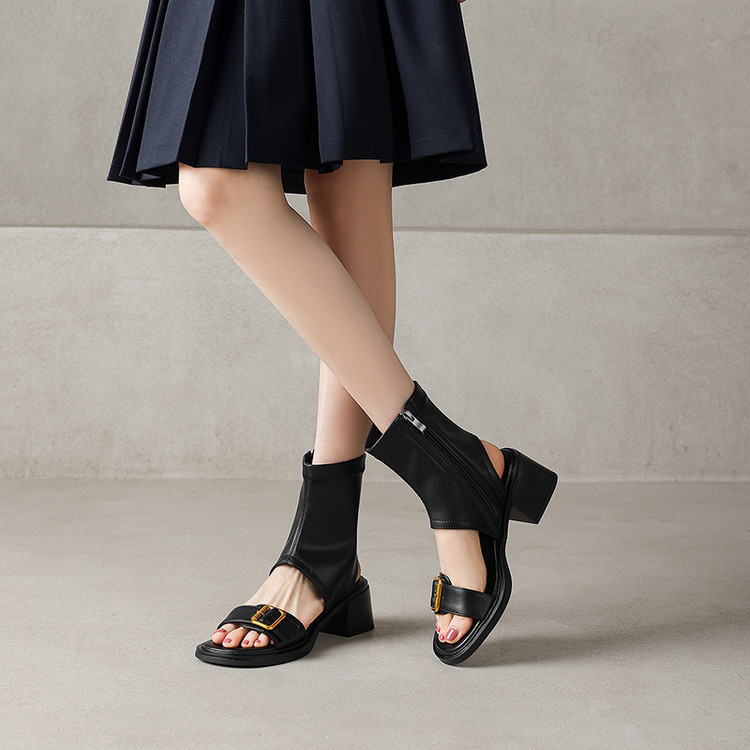 Korean Style Open Toe Block Heel Sandals with Zipper - Image 2