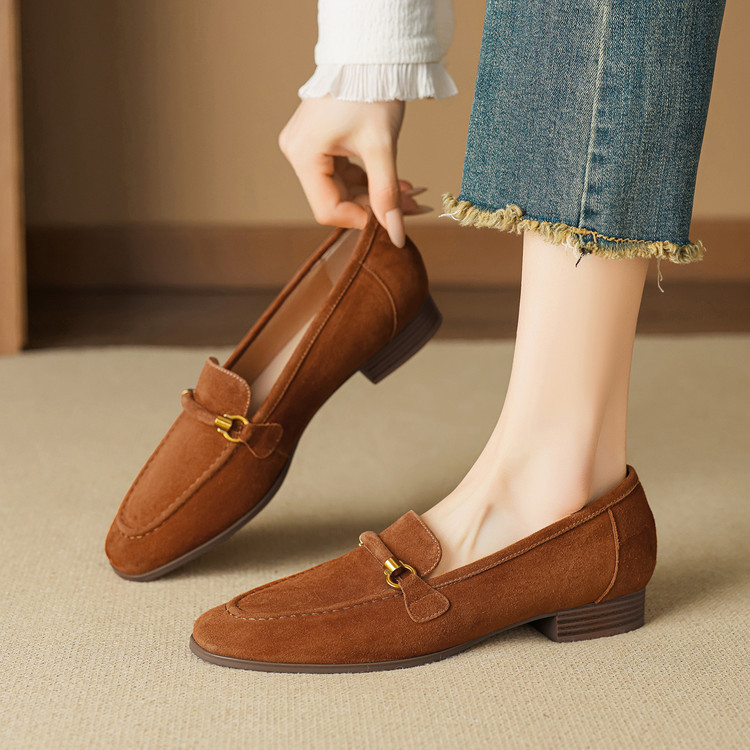 Minimalist Suede Loafers with Low Chunky Heel and Metal Detail