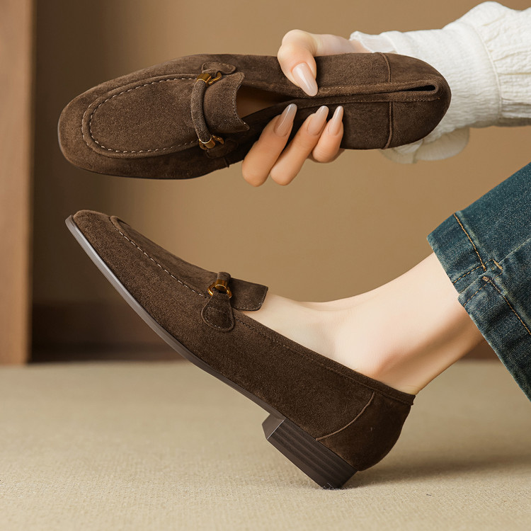 Minimalist Suede Loafers with Low Chunky Heel and Metal Detail - Image 2