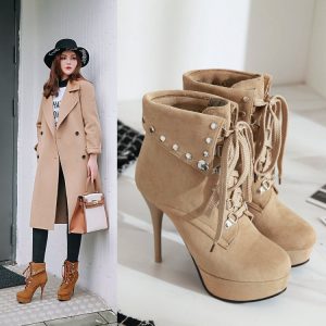 Suede High Heel Lace Up Ankle Boots