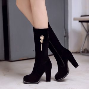 Women's Black High Heel Mid Calf Fashion Boots with Metal Decor
