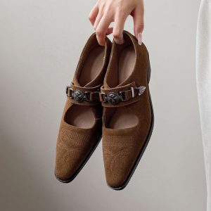 Women's Deep Mouth Flat Shoes in Suede with Embroidered Detail