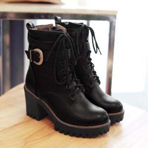 Women's Mid-Calf Fashion Boots with Lace-Up and Buckle Details