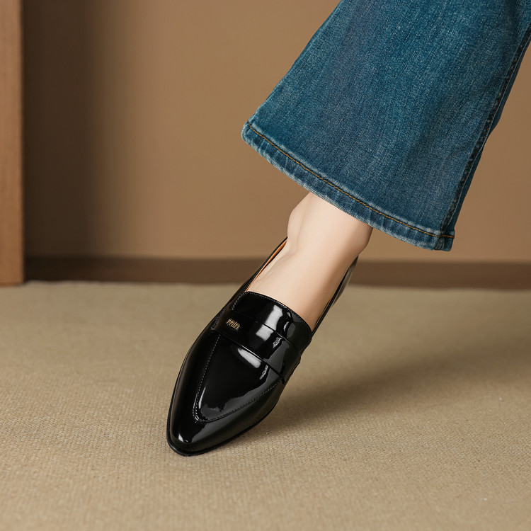Women's Pointed Toe Chunky Heel Loafers - Patent Leather Slip-On Shoes - Image 5