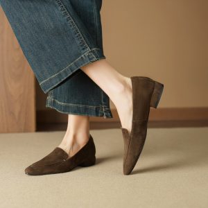 Women's Pointed Toe Chunky Heel Loafers - Top Grain Leather Floral Print Slip-On Shoes